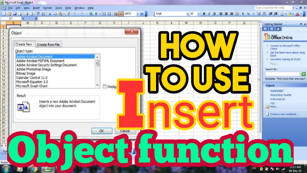 Microsoft excel me insert object //how to use insert object function in Microsoft Excel program