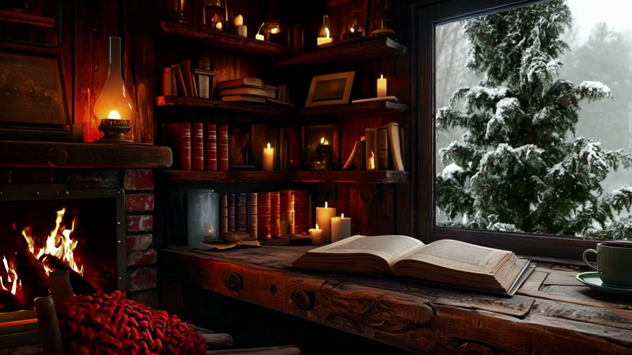 Snowy Fireplace Library Ambience ❄️🔥 Cozy Books, Coffee & Winter Magic