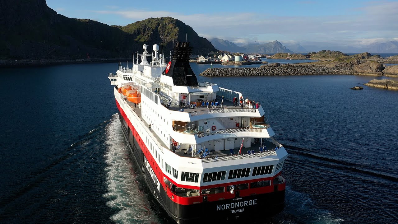 Hurtigruten ship arrives in Stamsund, Lofoten, NORWAY | 4K drone video