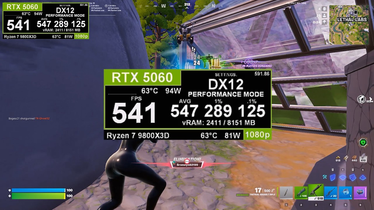 Fortnite: RTX 5060 + 9800X3D 1080p DX12 Performance Mode 500 fps