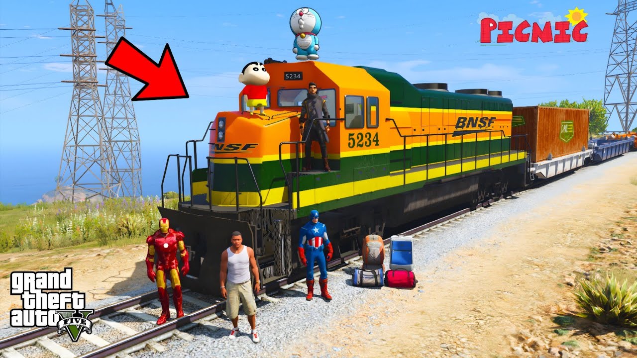 Franklin And Shinchan Start A New Train JOURNEY With His Friends To Mountains & Picnic IN GTA V