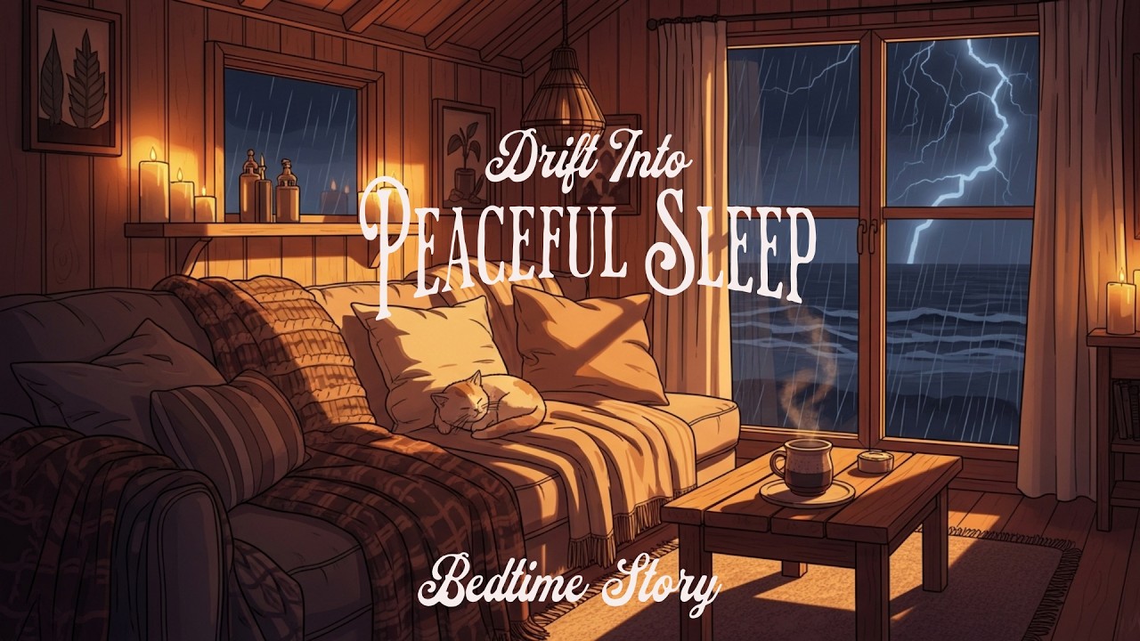 Cozy Beach Cottage Sleep Story🐈No Ads | Ocean Storm Sounds for Deep Sleep & Insomnia Relief