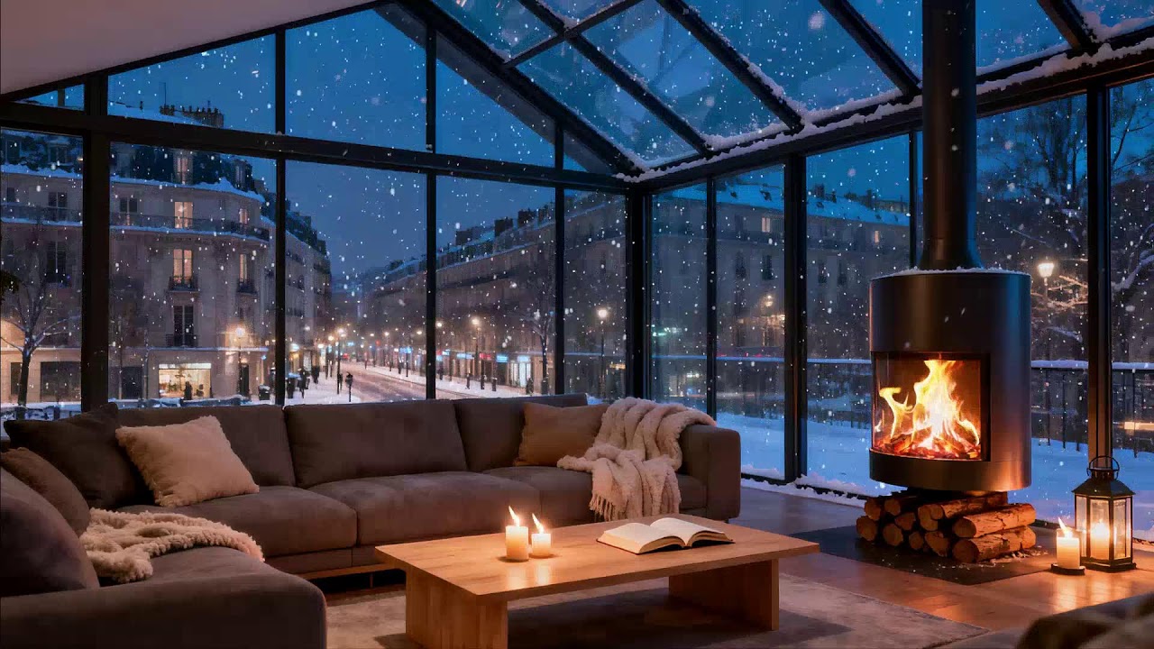 Urban Blue Hour Snowfall 🔥 Fireplace Warmth and Evening Silence