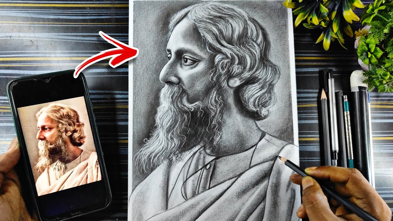 Rabindranath Tagore Drawing, How to draw Rabindranath Thakur Portrait, Pencil Shading Tutorial