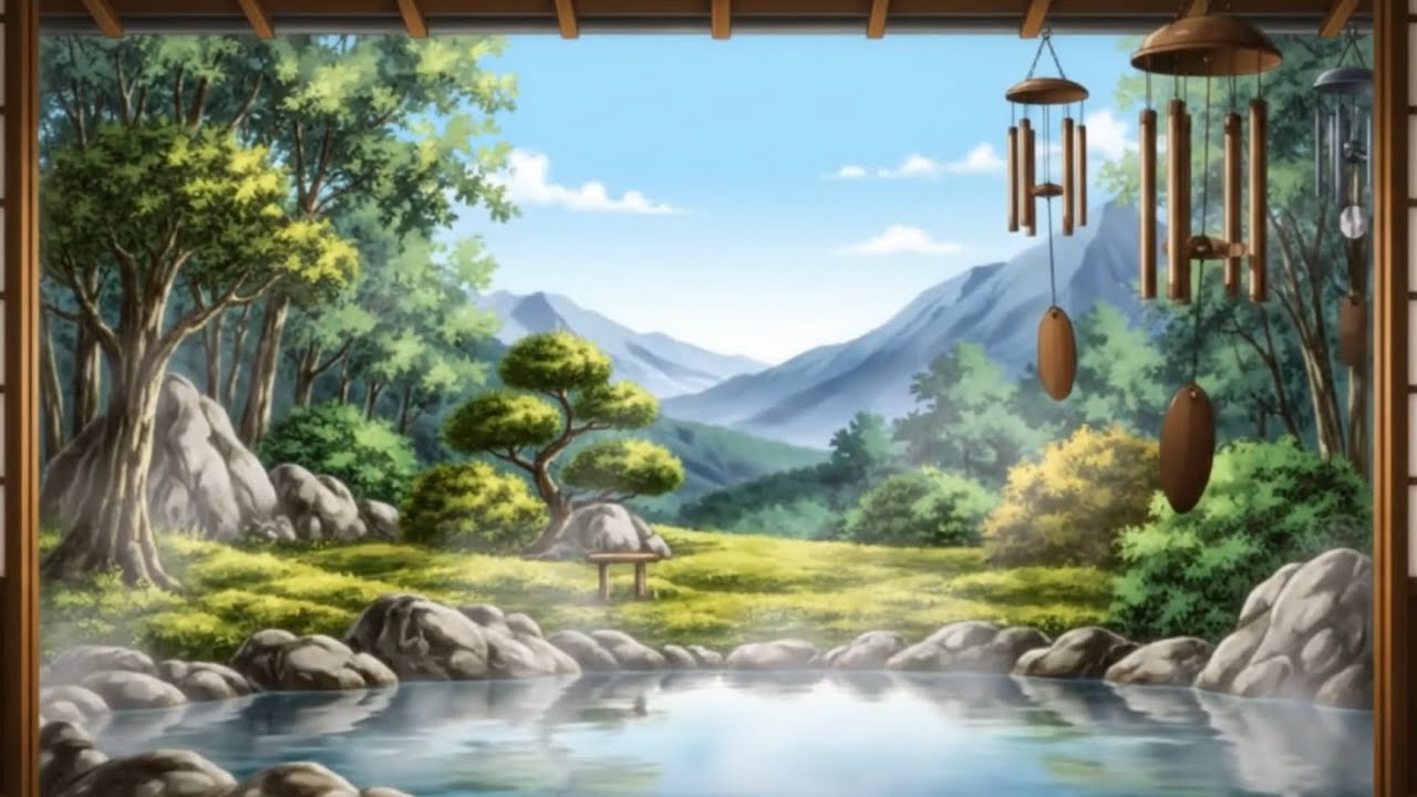 Japanese Hot Spring Ambience | Cicadas, Wind Chimes & Birds | Relaxing Study & Meditation Sounds