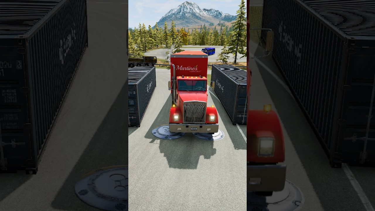 Long Cargo Truck Bollards Crash with Containers #shorts #beamngdrive #bus