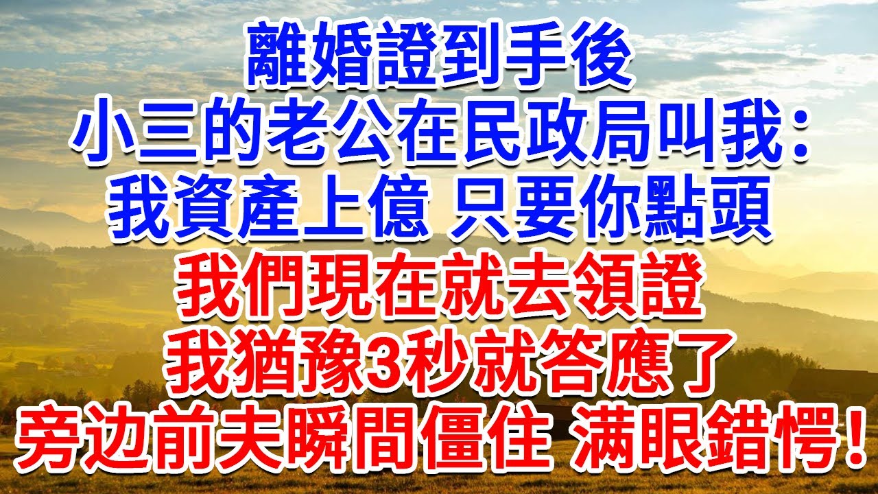 離婚證明到手後，小三的老公在民政局叫我：我資產上億，只要你點頭，我們現在就去領證。我猶豫了3秒就答應了，旁边前夫瞬間僵住 蔓延錯愕傻眼！#為人處世#生活經驗#情感故事#故事#小說#戀愛#情感#婚姻