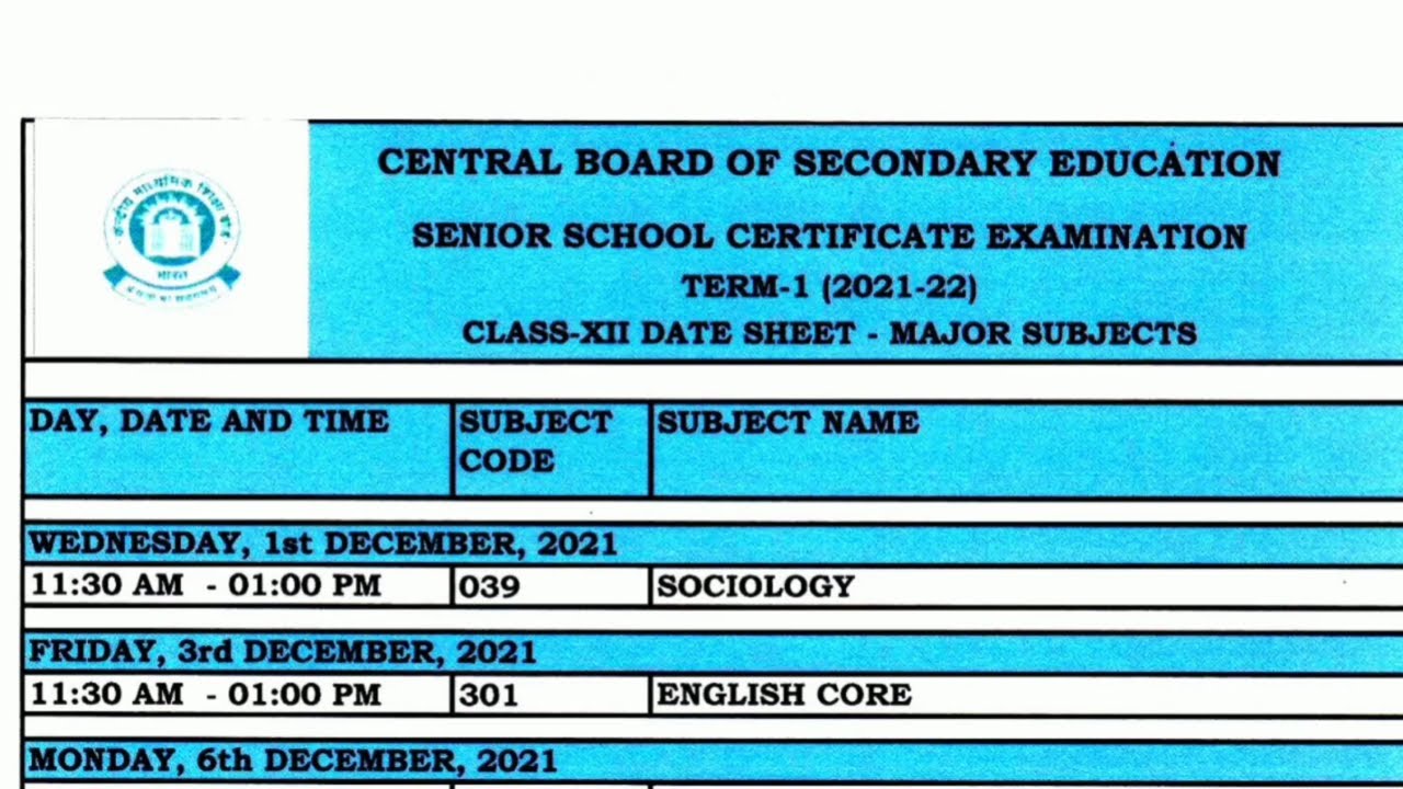 CBSE Date Sheet 2021-22 Class 12 Term 1 Board Exams