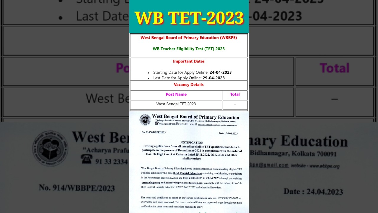 WB Teacher Eligibility Test (TET) 2023//West Bengal Board of Primary Education (WBBPE)#shorts #viral