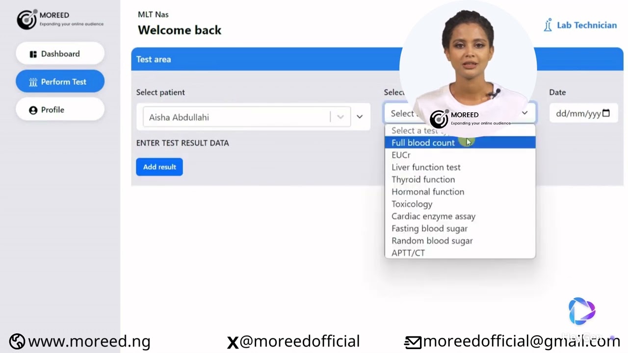 Moreed EMR System. The Lab Technician Dashboard