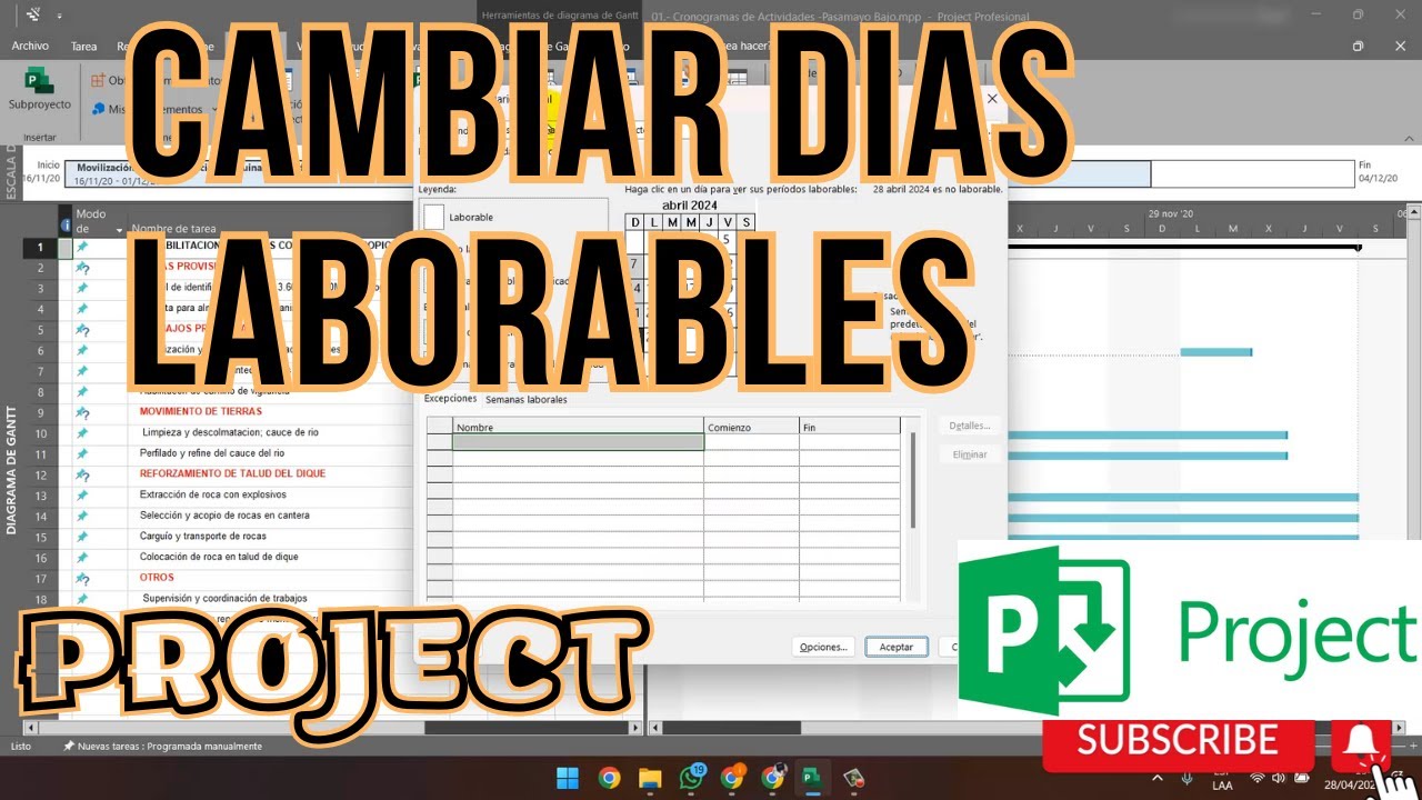 💥como cambiar los DIAS LABORABLES en MS Project | Clases de Project