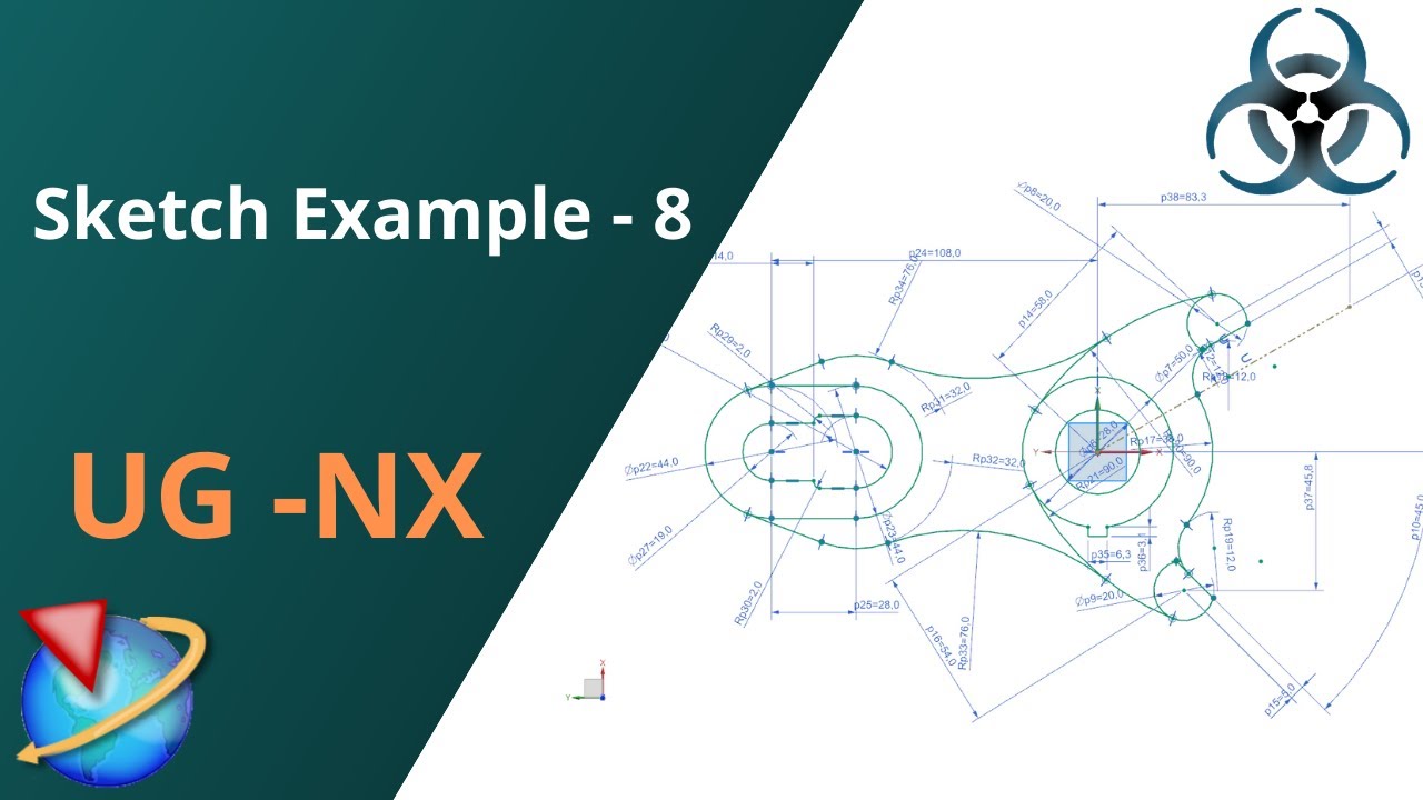 Siemens Unigraphics NX — пример эскиза 8 с ограничениями и размерами для начинающих