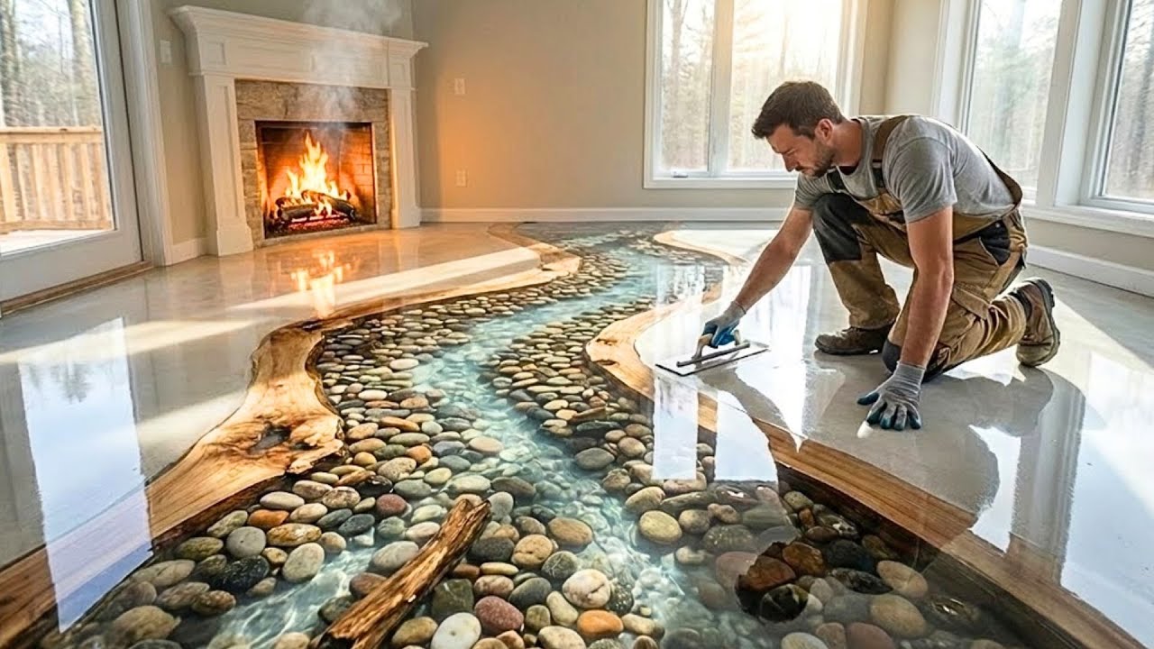 Top 9 Tranquil Riverbed Epoxy Designs Resin Floors Using Clear Smooth Pebbles, and wood