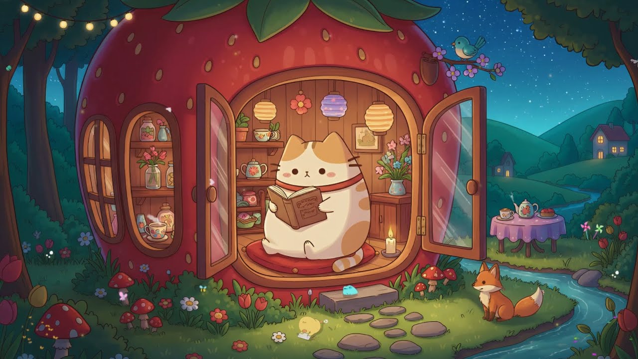 Cloudy's Cat Cozy in the Strawberry House 🍓 Magical Forest Lofi 🌙 Relaxing Music for Study