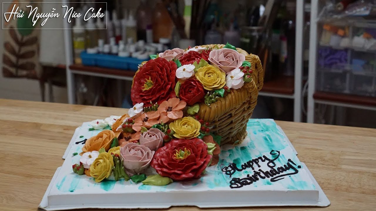 Bánh Sinh Nhật Tạo Hình Giỏ Hoa Cực Ngầu - New Style Basket Flowers Cake