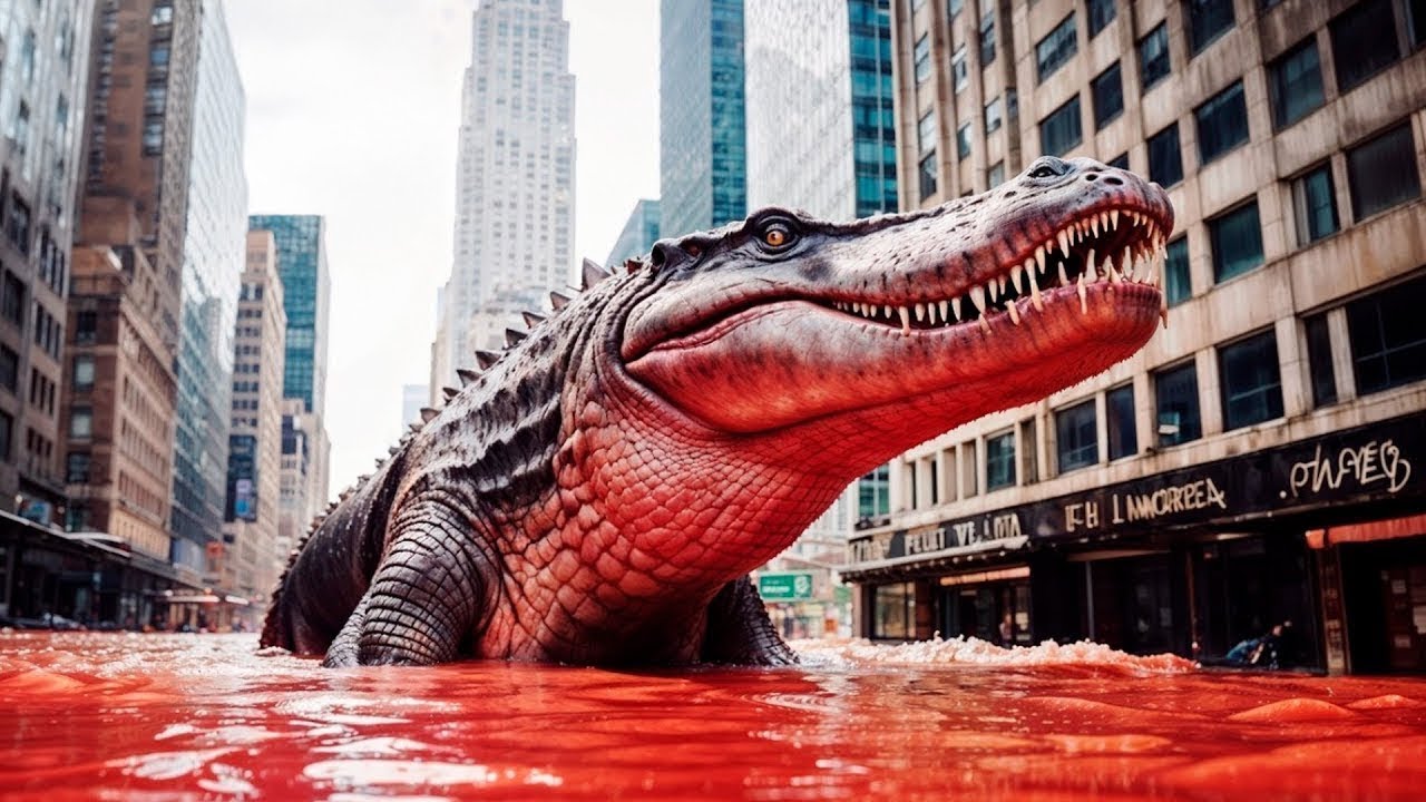 Lors d’une inondation, un énorme ALLIGATOR affamé envahit la ville