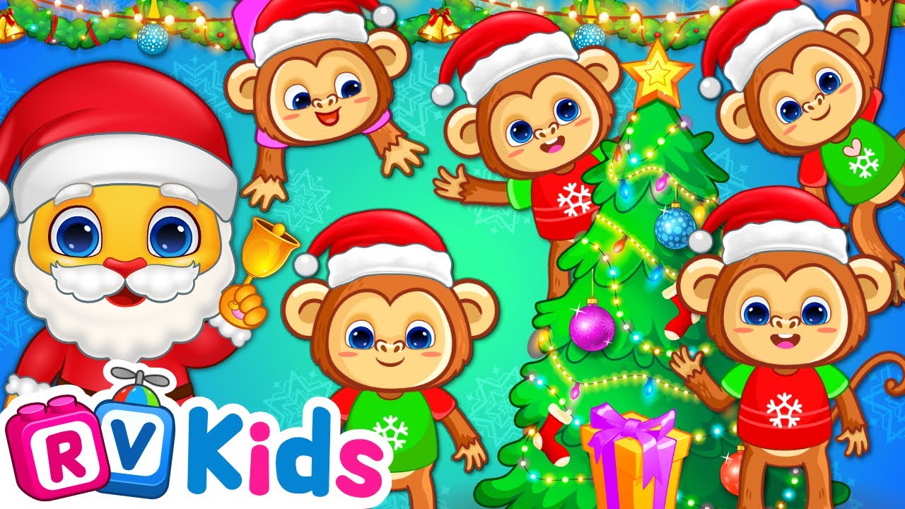 Five Little Monkeys Jumping on the Bed 🐒 | Christmas Songs for Kids by RV AppStudios 🎄