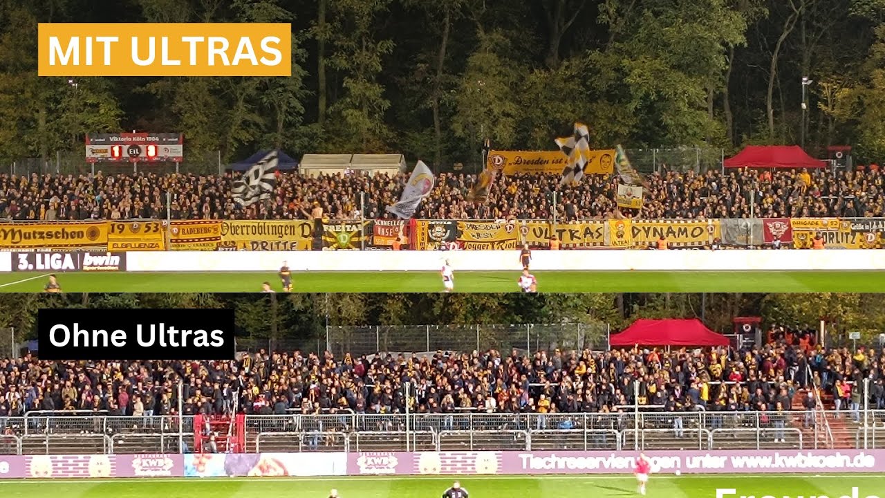 Ultras Dynamo I Dresden erst Ende der 1. HZ im Block - Support mit/ohne Ultras bei Viktoria Köln