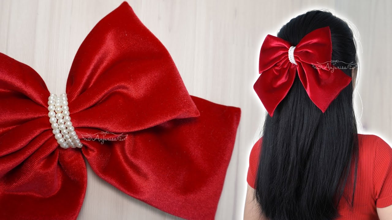 VELVET BOW with Beads 😍 How to Make BIG Bow Clips for Hair out of Velvet Fabric