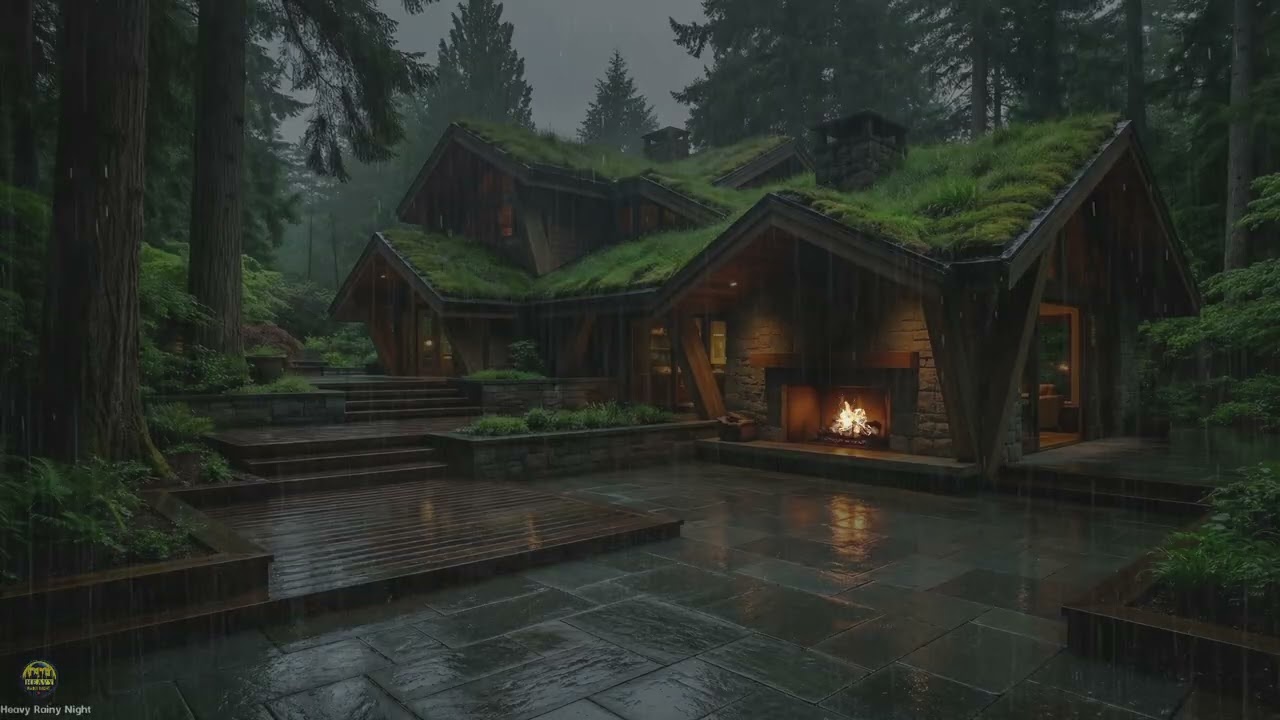 Quiet Rainy Night, Fireplace and Soft Thunder for Total Calm in a Secluded Sanctuary Forest Cabin