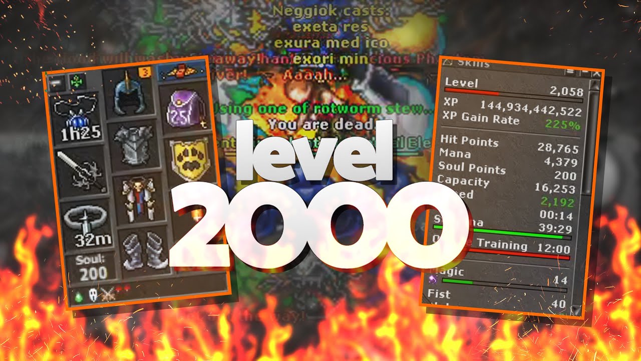 EK LEVEL 2000 DYING IN THE OVERLURE | LEVEL 1300 TAKING 6K DAMAGE IN 1 HIT!! @Tibia Ferumbrinha 🧙