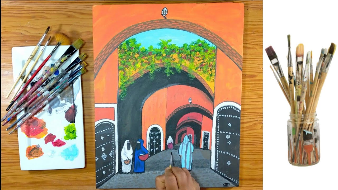 رسم أحد الازقة المغربية العتيقة / Painting one of Morocco's ancient alleyways /Acrylic painting #105