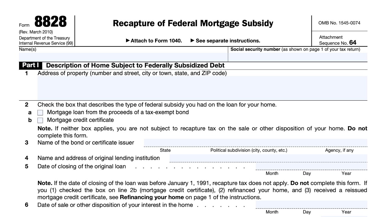 IRS Form 8828 walkthrough (Recapture of Federal Mortgage Subsidy)