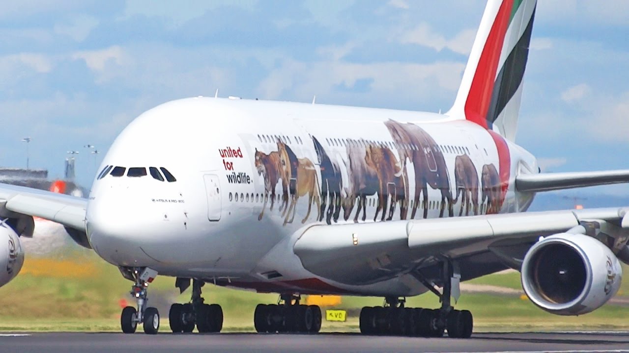 Emirates 'United for Wildlife' Airbus A380 A6-EEI Take Off at Manchester Airport