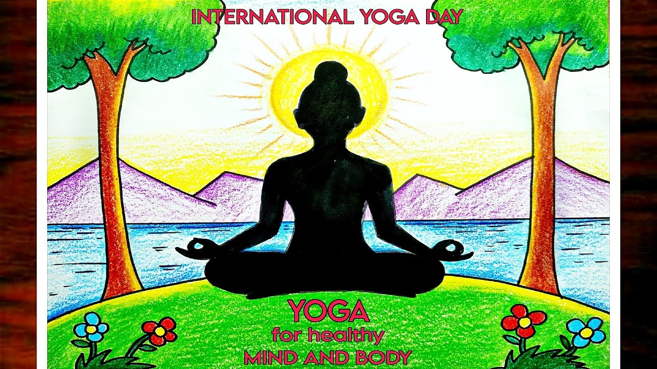 How To Draw Yoga Day Poster Drawing|International Yoga Day Drawing|Yoga Day Scenery Easy