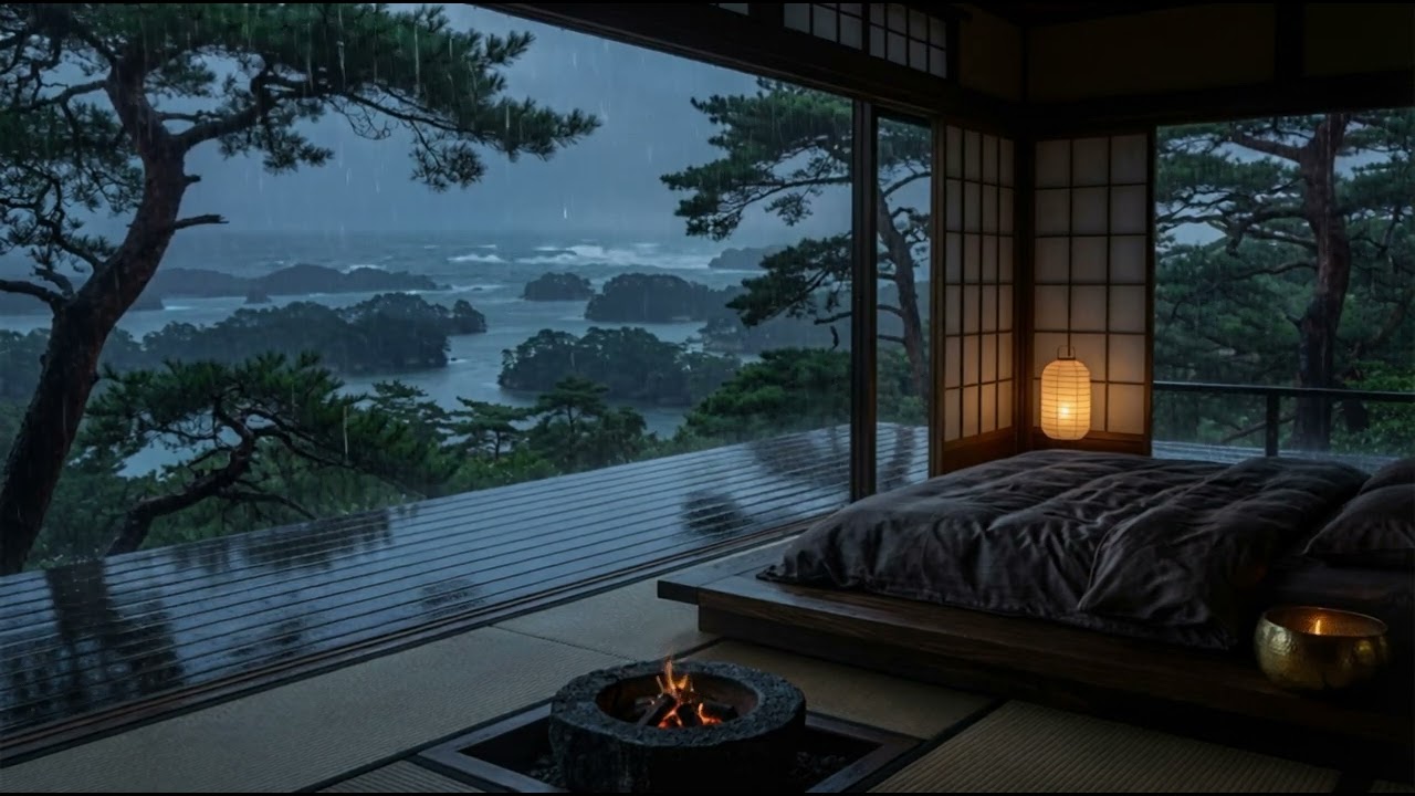 Resting in a Dark Luxury Japanese Forest Ryokan | Heavy Rain | 10 Hours No Ads
