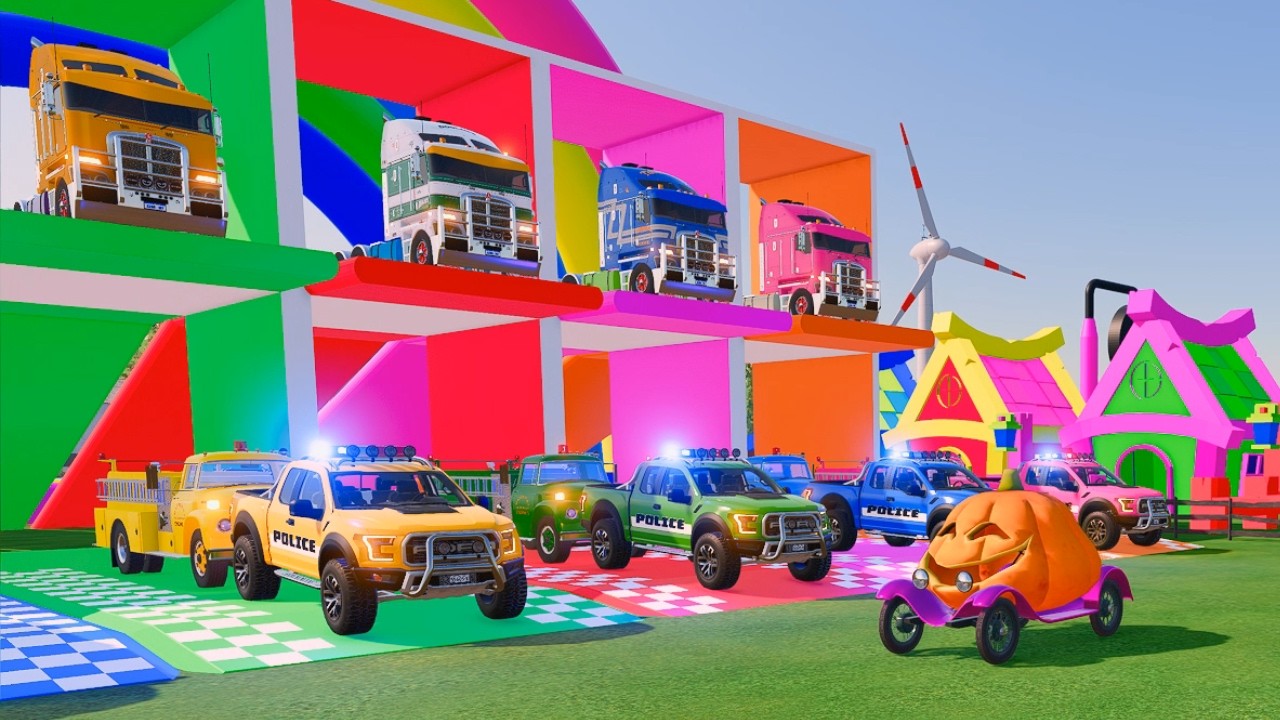 Transporting With Colors - Heavy Truck Flatbed Carrying Raptor Police Car Then Fire Trukc #50 - FS22