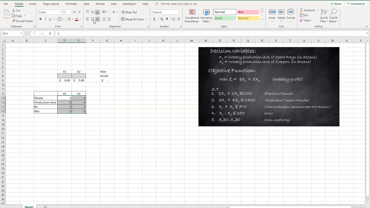 How to set LP template for Excel Solver