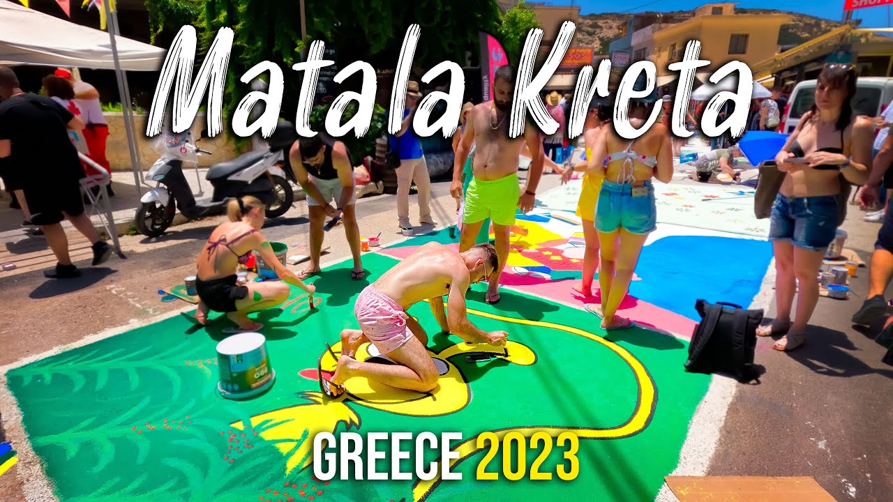 Matala Crete, Kreta, COMPLETE street painting event, walking tour 4k, Drone shots, Greece 2023