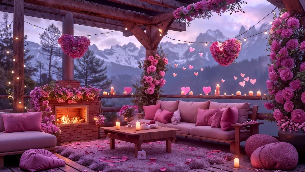 💘 Pink Snow Valentine Porch 💕❄️🔥 Cozy Jazz Music & Crackling Fireplace for Deep Relax, Calm & LoVe