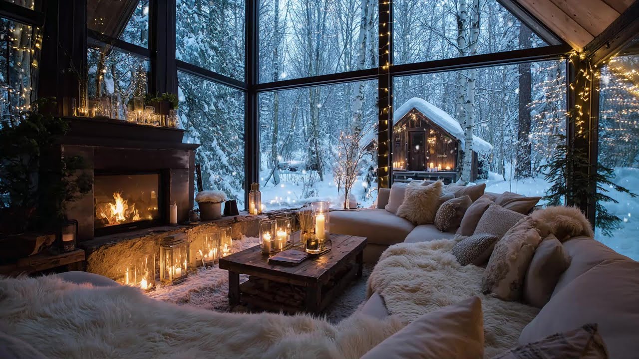 A Relaxing Winter Space, A Winter Lounge, With Piano Melodies And The Sounds Of A Fireplace.
