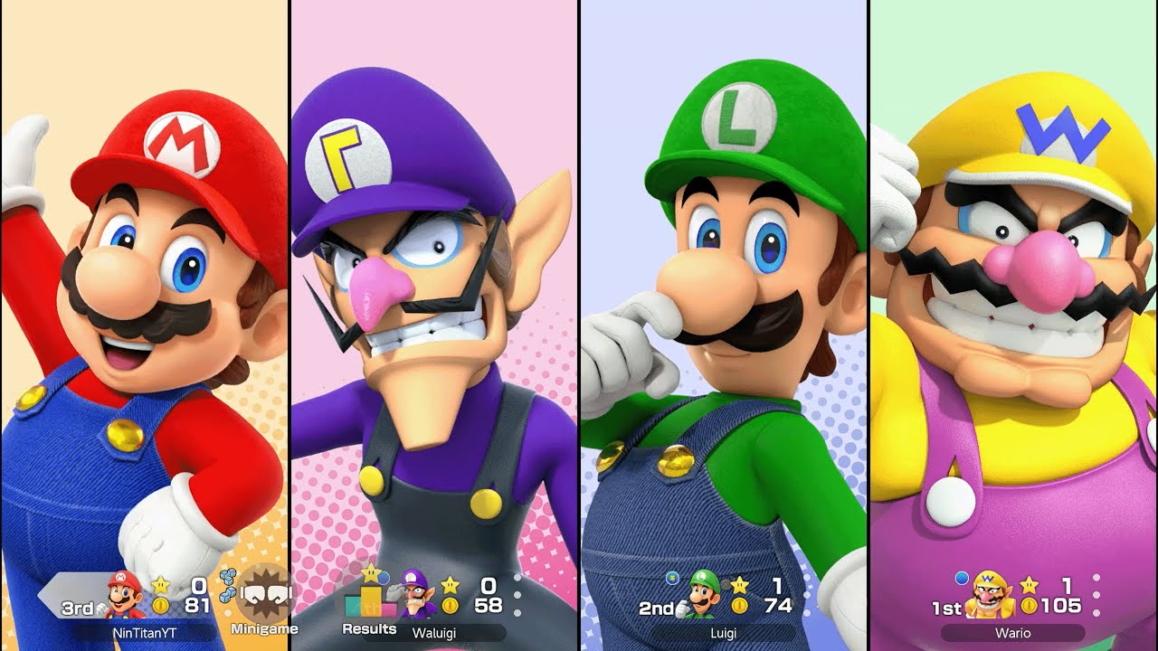 Super Mario Party Jamboree - Mario vs Luigi vs Waluigi vs Wario - Roll 'em Raceway