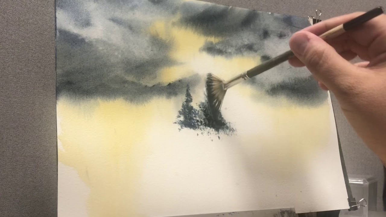 Late Afternoon on the lake watercolor landscape painting with the Big Brush Hake