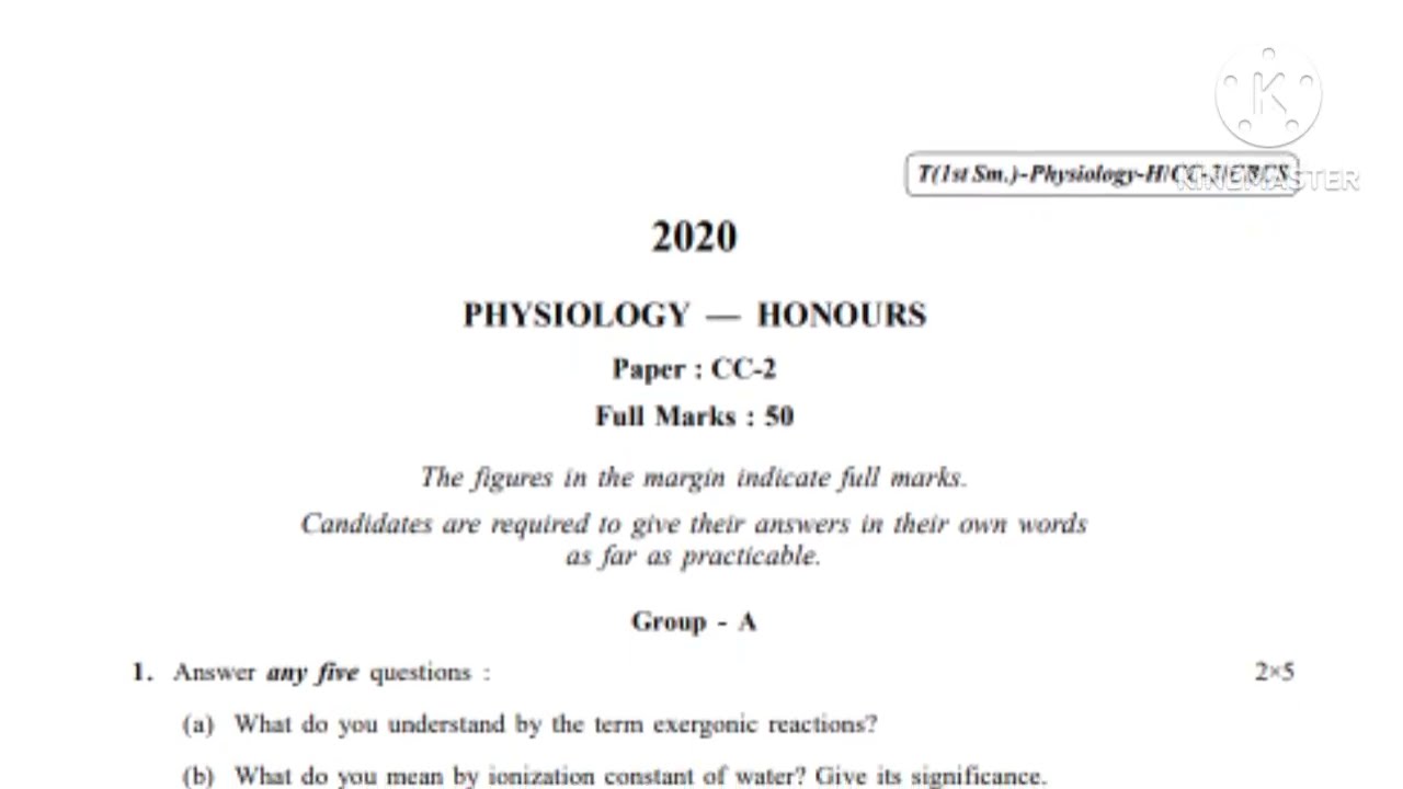 CU Physiology Honours CC-2 (1st Sem 2020) Question Paper//
