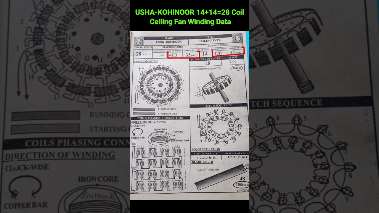 USHA - KOHINOOR 14+14=28 Coil Ceiling Fan Winding Data #shorts #ceillingfan #windingdata