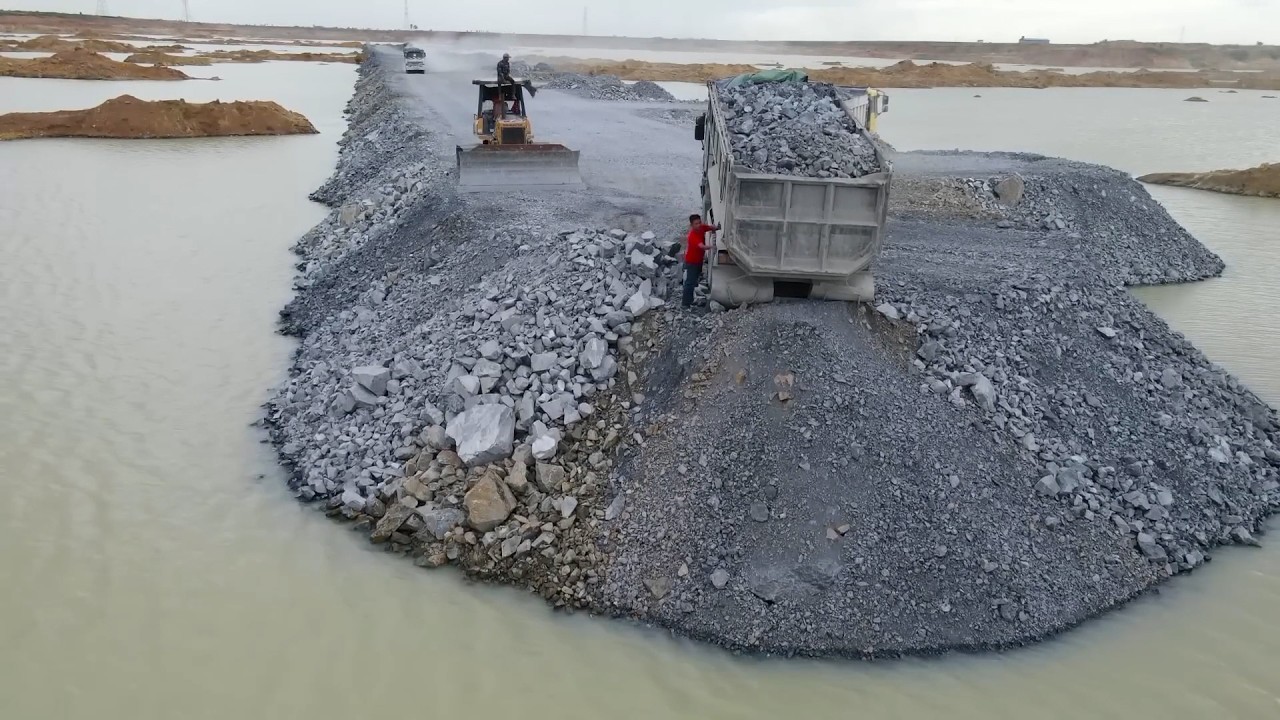 Best Activity to Build Long Road in lake by Bulldozer Komatsu D60p pushing stone in water