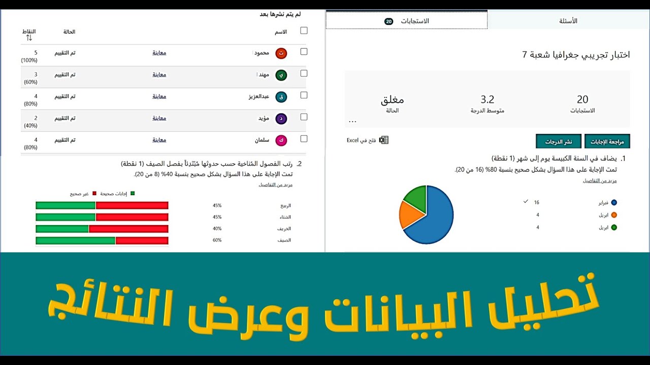 عرض درجات الطلاب في الفورم وتحليل النتائج