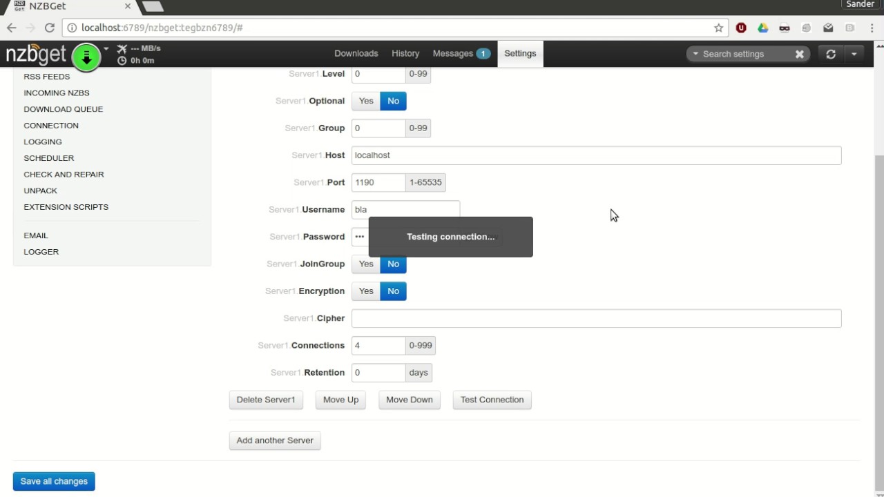 nzbget 18.0 testing r1841 nzbget Test Connection slow with username password