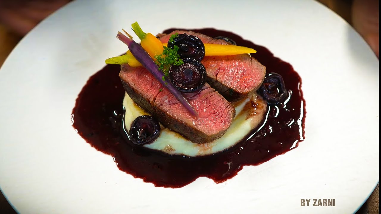 Beef Eye Fillet steak with Red Wine Reduction, Shiitake Mushrooms, Baby Carrots & Mashed Potatoes