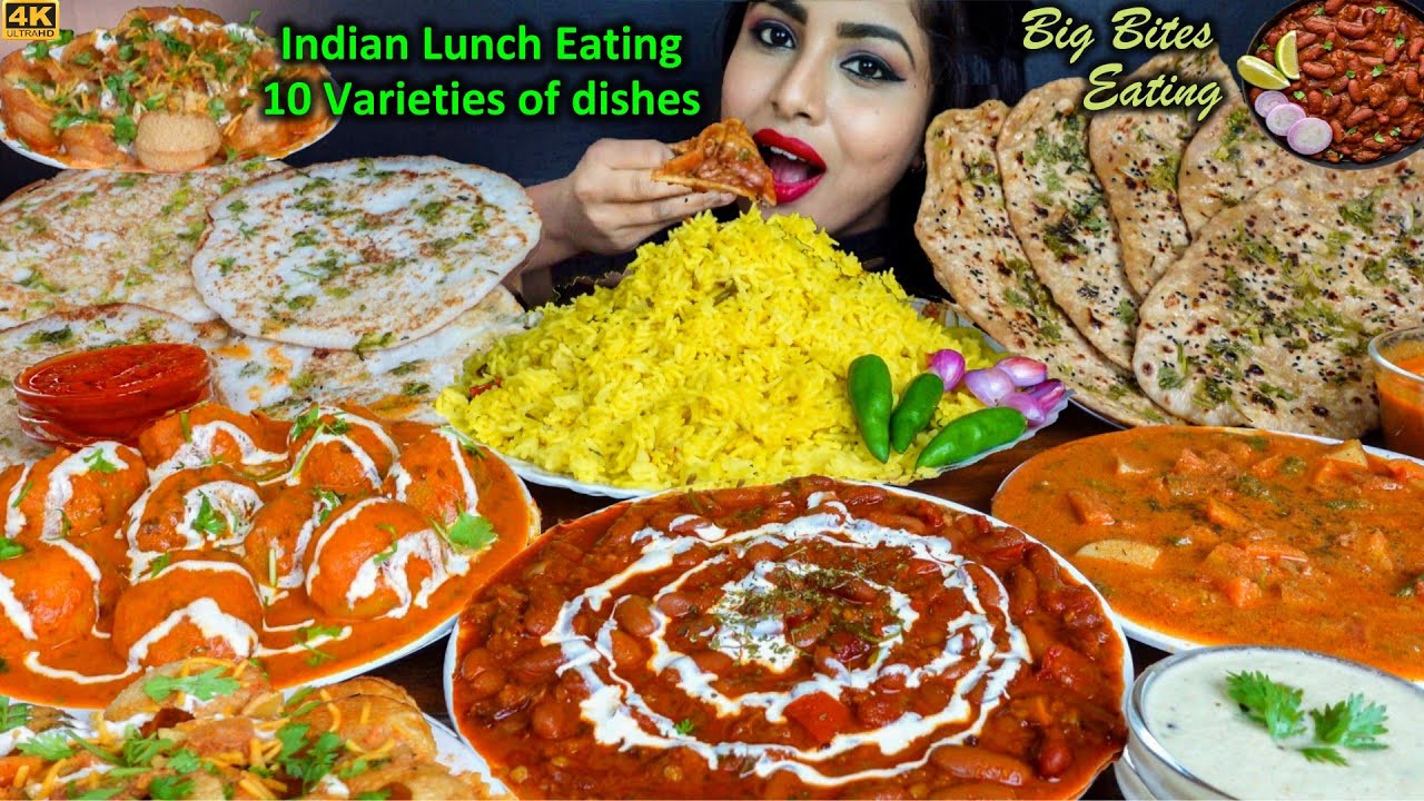 Eating Butter Naan,Veg Pulao,Rajma Chawal,Kurma,Dum Aloo,Masala Puri  Indian Food ASMR Eating Video