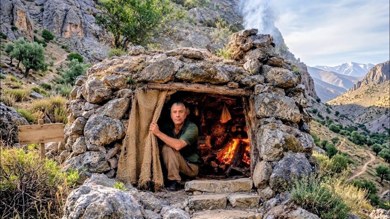 I turned a hidden cave into a cozy stone shelter🔥🌄🪨
