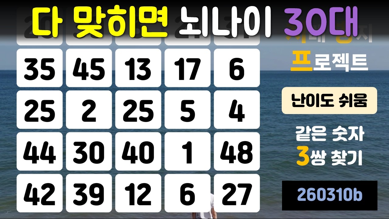 다 맞히면 뇌나이 30대(치매 방지 프로젝트, 같은 숫자 찾기, 두뇌운동, 치매 예방, 뇌건강, 기억력 향상, 건강한 노후)