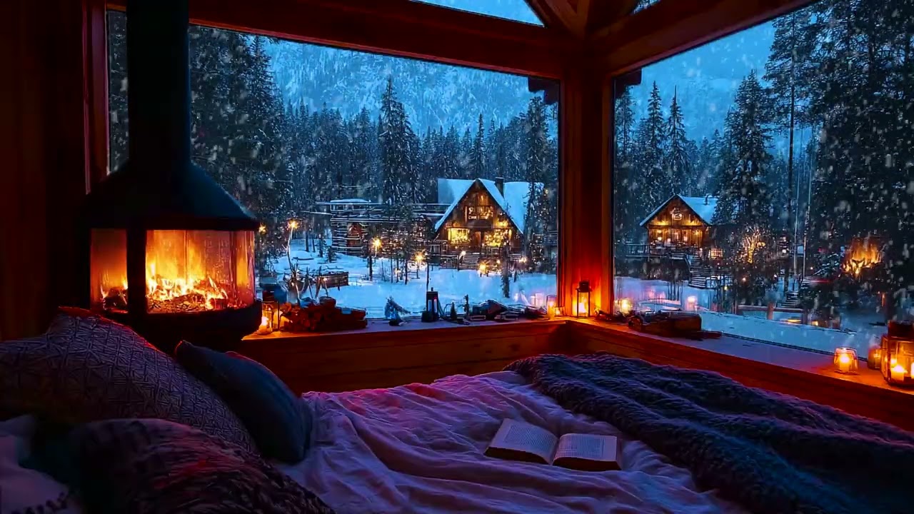 Calm Snowstorm Surrounding a Remote Cabin with Gentle Fireplace Ambience for Sleep and Focus