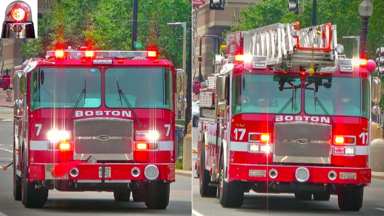 Boston Fire Department Engine 7 + Ladder 17 Responding Lights, Siren and Air Horns