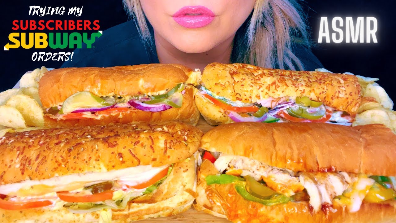ASMR EATING SUBWAY MUKBANG *TRYING MY SUBSCRIBERS' ORDERS* (WHISPERING) EATING SOUNDS