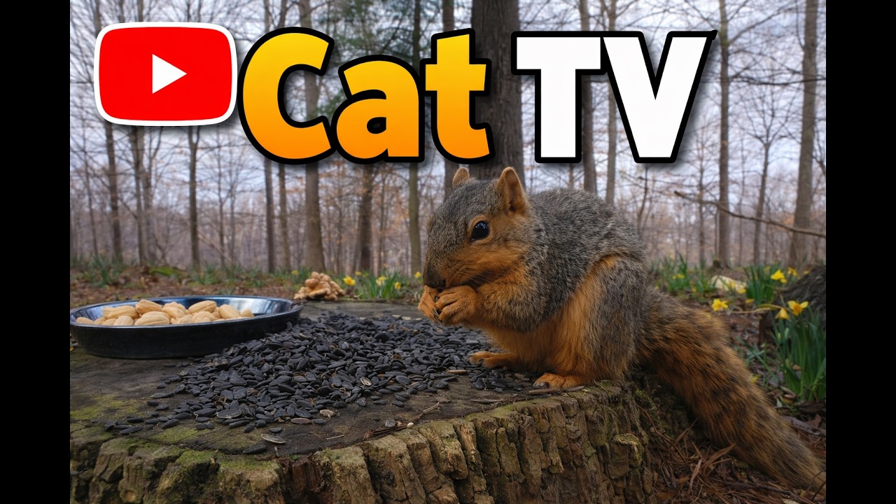 CatTV 4K Video of Birds and Squirrels in a Woodland Spring Setting.